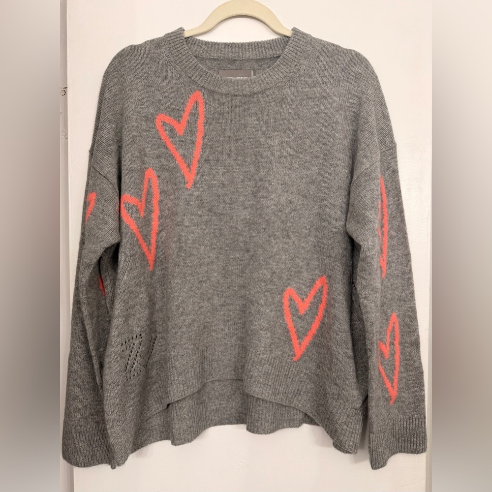 Zadig & Voltaire Markus Pink Hearts Cashmere Long Sleeve Sweater Gray Size Small - Picture 2 of 9